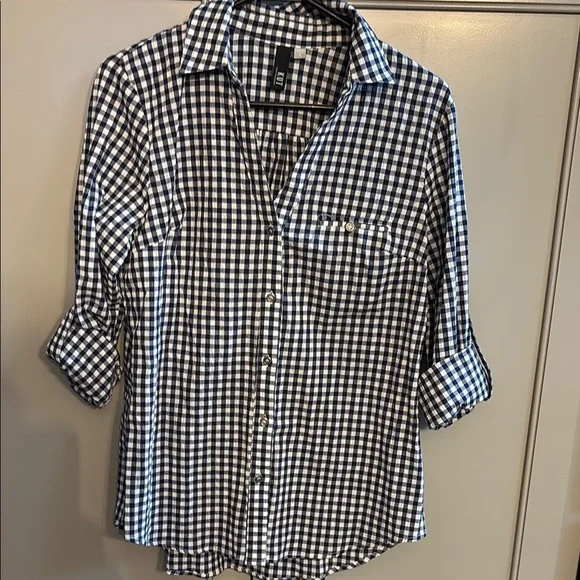 Kut From The Kloth Navy Gingham Print Button-up Roll Tab Sleeve Shirt sm - Picture 1 of 5